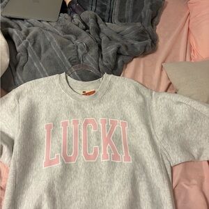 MV Sport Heather Gray Sweatshirt with Soft Pink Lettering